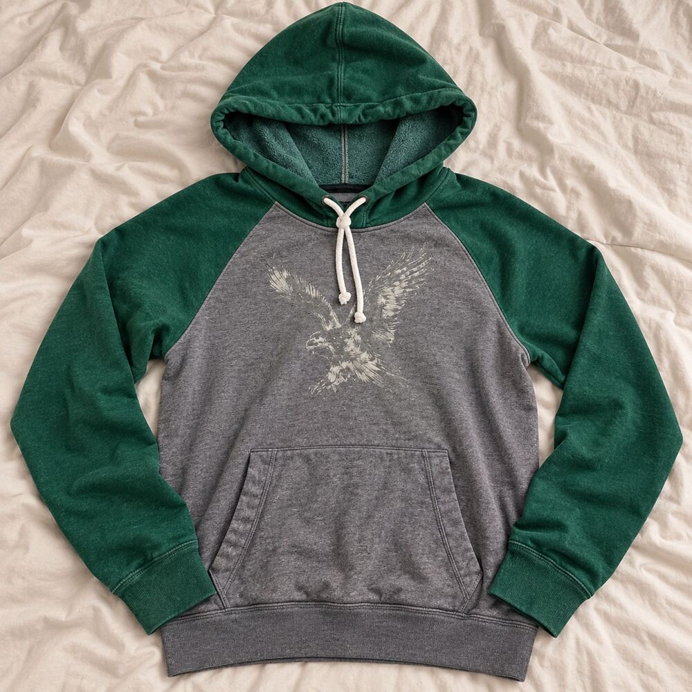 American Eagle Y2K Hoodie Men’s S Gray Green Colorblock Eagle Graphic Pullover